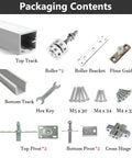 Heavy Duty Folding Sliding Door Rail Kit With Adjustable Barn Door Hardware Track Built Solid Rollers No Sweat Install Aluminum System Buttery Smooth Interior Glide Six Point Six Feet packaging contents including tracks, rollers, and fittings.