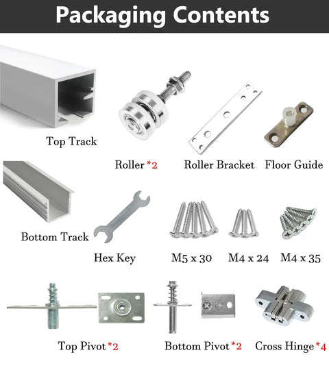 Heavy Duty Folding Sliding Door Rail Kit With Adjustable Barn Door Hardware Track Built Solid Rollers No Sweat Install Aluminum System Buttery Smooth Interior Glide Six Point Six Feet packaging contents including tracks, rollers, and fittings.