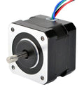Front view of STEPPERONLINE dual-shaft NEMA 17 stepper motor with silver faceplate, black body, and multi-color wires