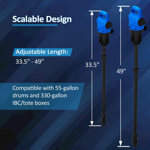 Heavy Duty Electric Drum Pump Transfers Diesel DEF And Light Oils Smooth As Butter Right Out Of 55 Gallon Drums Runs Clean On 120V AC Or 12V DC shows adjustable 33.5 to 49 inch length.