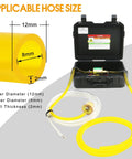 Portable 12V Fuel Transfer Pump Kit With 30 GPH Flow For Cars Boats And Heavy Equipment, includes carrying case and yellow hose.