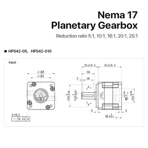 Top Shelf Nema17 Planetary Gearbox Motor Speed Reducer With Knockout Torque And Easy Swap Ratios From 5 To 25 To 1 technical drawing with dimensions.