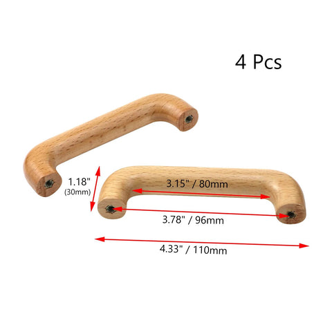 4 Piece Beech Wood Drawer Pulls Set With Clear Wax Finish Bridge Shaped Arched Handles For Kitchen Cabinets Dressers Wardrobes And Cupboards 110mm Total Length 96mm Hole Center Includes Screws, dimensions displayed