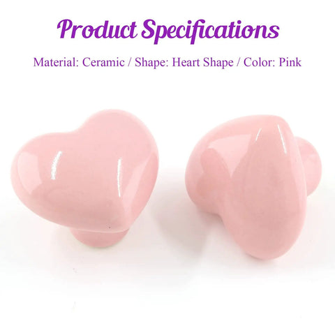 Pink Heart Shaped Ceramic Cabinet Knobs 2 Pack with a glossy finish shown with product specifications details.