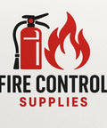 Logo featuring fire extinguisher and flames, representing Fire Control Supplies for safety products.