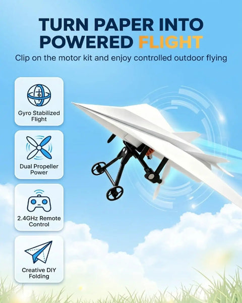 Paper Airplane Kit With Gyro Stabilizer And Dual Propellers For DIY Electric Remote Control Plane in flight illustration