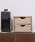Double Tier Wooden Coffee Maker Stand With Pull Out Storage Drawer For K Cups And Capsules Countertop Brew Organizer Rack beside coffee maker.