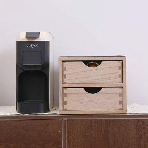 Double Tier Wooden Coffee Maker Stand With Pull Out Storage Drawer For K Cups And Capsules Countertop Brew Organizer Rack beside coffee maker.