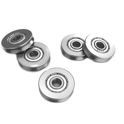 Five Pack V Groove Sealed Ball Bearings, 5mm Bore, 22mm OD, 5mm Thick, V Groove Width 3mm displayed on white background