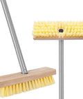 Long Handled Floor Scrubber Brush With 52 Inch Reach for decks, showers, bathrooms, and more, featuring stiff bristles on a wooden head.