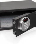 Open Go-To Hotel Style Safe With Digital Lock 1.14 Cu Ft Low Profile Steel Safe Fits 17 Inch Laptop LED Display Panel Personal Money Jewelry Safe