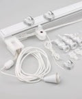 25 Pack Sliding Door Rollers and Metal Track Wheels Kit for Folding Doors, visible with cord winder and hardware accessories.