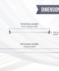 Rock Solid White Swivel Sash Curtain Rods, Adjustable 12 To 20 Inches dimensions with nickel end caps and width measurement.
