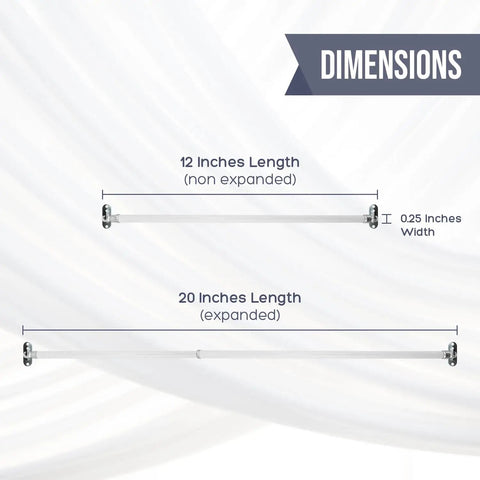 Rock Solid White Swivel Sash Curtain Rods, Adjustable 12 To 20 Inches dimensions with nickel end caps and width measurement.