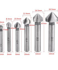 Six-piece Baxnore HSS countersink bit set with round shanks and three-flute cutters