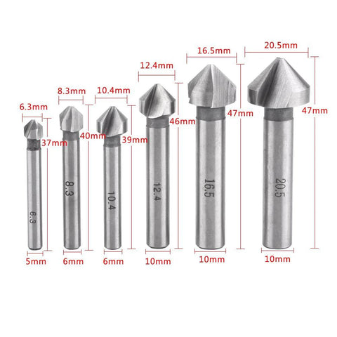 Six-piece Baxnore HSS countersink bit set with round shanks and three-flute cutters