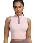 Cropped Workout Tank For Women With Built In Bra Half Zip High Neck Sports Top Medium Support Sleeveless Athletic Tank Gym Gear Chintz Rose