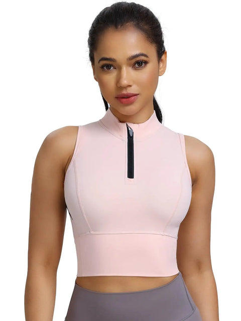 Cropped Workout Tank For Women With Built In Bra Half Zip High Neck Sports Top Medium Support Sleeveless Athletic Tank Gym Gear Chintz Rose