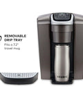 Kick Up Your Morning Routine With This Dope Single Serve Coffee Maker Featuring K Cup Compatibility Strong Brew And Iced Settings Programmable Temp Control Plus Multiple Cup Sizes In Solid Brushed Slate with removable drip tray for 7.2" travel mugs.