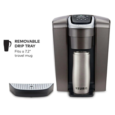 Kick Up Your Morning Routine With This Dope Single Serve Coffee Maker Featuring K Cup Compatibility Strong Brew And Iced Settings Programmable Temp Control Plus Multiple Cup Sizes In Solid Brushed Slate with removable drip tray for 7.2" travel mugs.