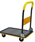 Heavy Duty Foldable Platform Hand Truck Rated At 330 Lbs With Silent Swivel Rollers That Glide Like Butter And Collapse Flawlessly For Stress Free Hauls Around Town side angle view, featuring a sturdy black and yellow frame with a textured platform.