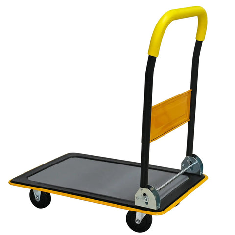 Heavy Duty Foldable Platform Hand Truck Rated At 330 Lbs With Silent Swivel Rollers That Glide Like Butter And Collapse Flawlessly For Stress Free Hauls Around Town side angle view, featuring a sturdy black and yellow frame with a textured platform.