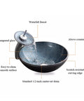 USZWBY Blue Bathroom Vessel Sink,Round 16.5" Tempered Glass Vessel Vanity Sink with waterfall faucet and above counter basin.