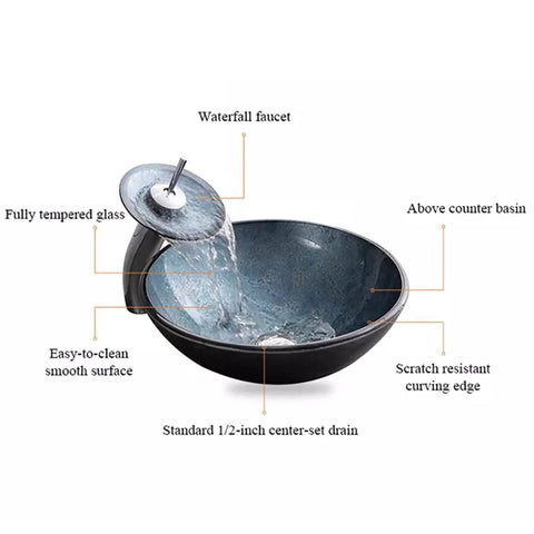 USZWBY Blue Bathroom Vessel Sink,Round 16.5" Tempered Glass Vessel Vanity Sink with waterfall faucet and above counter basin.