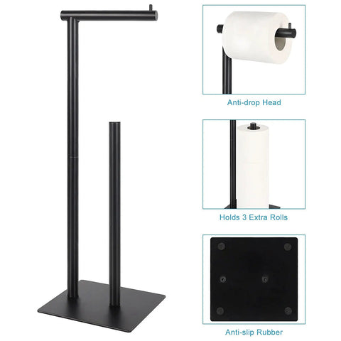 Freestanding Black Toilet Paper Holder Stand That Holds Up To 3 Tissue Rolls With Anti Drop Top Rod And Vertical Roll Storage Durable Metal Bathroom Organizer showing features