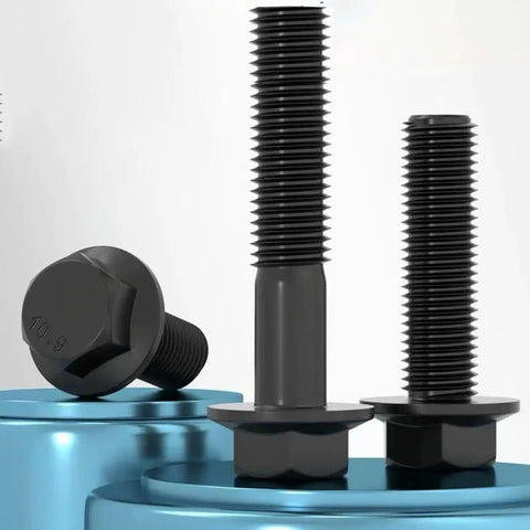 M8 X 25 MM Flanged Hex Head Bolts 10.9 Grade Monster Strength Alloy Steel with black zinc plating on a blue background.