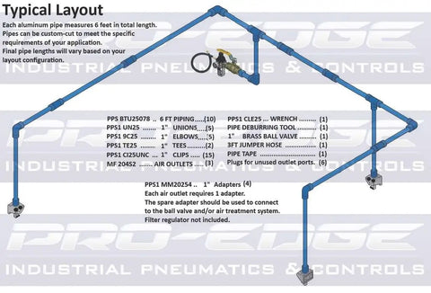 Heavy Duty One Inch Aluminum Compressed Air Piping Kit Featuring Sixty Foot Rigid Straight Tubing and detailed layout diagram.