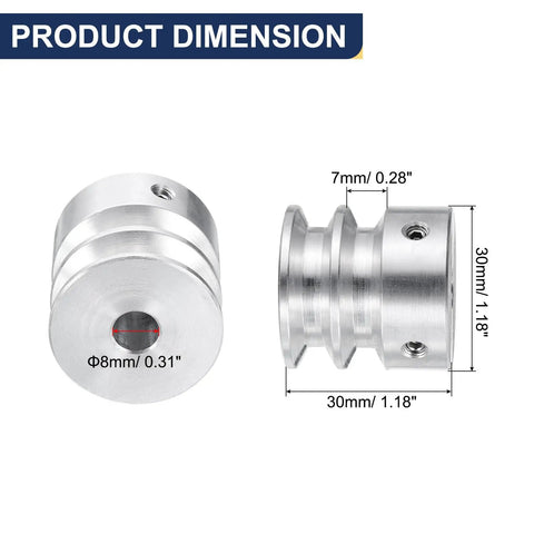 V-Type Pulley With 8mm Bore And 30mm Outer Diameter Double Groove Aluminum Alloy For 6mm PU Shape Belt Go-To Component dimensions
