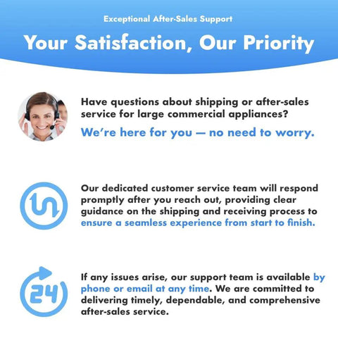 Your Satisfaction, Our Priority message about after-sales support for large commercial appliances with customer service focus.