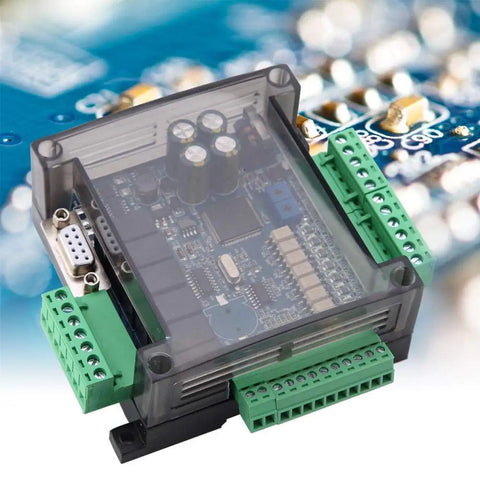 24V Programmable Controller For Industrial Automation With 8 Digital Inputs And 6 Outputs Plug And Play Ready High Speed Counting Ports Online Download And Monitoring Rugged Control Board For Machines displayed against blue circuit background.