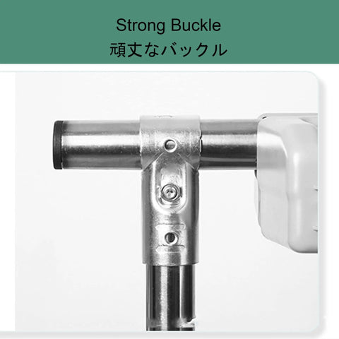Close-up of strong buckle on Movable Broom Mop Holder Non Slip Stainless Steel Mop Rack Cleaning Tool Organizer Cart.