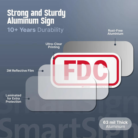 Heavy Duty 6X12 Inch Fire Department Connection FDC Sign With 3M Engineer Grade Reflective Film displayed with details on materials and durability.