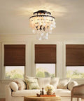 Living room with Capiz Shell Semi Flush Mount Ceiling Light in Matte Black for Bedroom and Kitchen Dope Coastal Style Pendant Fixture With Hundreds of Capiz Shells Elegant Romantic Ocean Vibe for Hallway and Entry