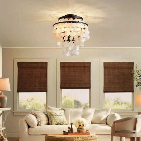 Living room with Capiz Shell Semi Flush Mount Ceiling Light in Matte Black for Bedroom and Kitchen Dope Coastal Style Pendant Fixture With Hundreds of Capiz Shells Elegant Romantic Ocean Vibe for Hallway and Entry