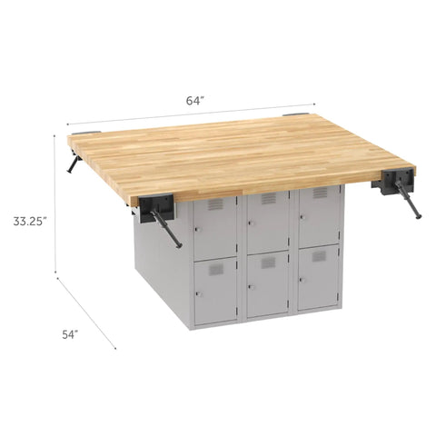 64 Inch Heavy Duty Workbench With Four Adjustable Bench Vises And Twelve Vertical Storage Lockers Top Shelf Maple Hardwood dimensions and view