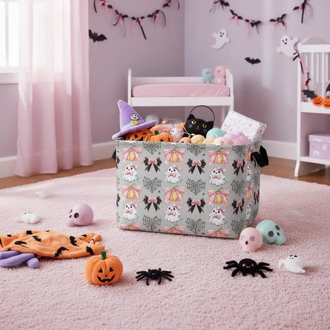 Dope Boo Halloween Basket For Kids With Pink Bow Glowing Ghost Canvas Trick Or Treat Tote filled with toys in a child’s room.