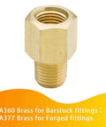 Brass 1/4-inch NPT female to 1/4-inch NPT male pipe adapter with hex body