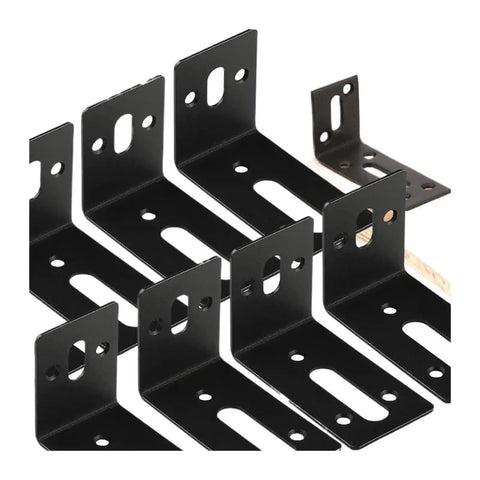 Heavy Duty L Shaped Corner Brackets Rust Proof Stainless Steel Shelf Supports Black Metal Furniture Brace set of four with various holes.