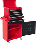 Rolling Garage Workshop Tool Organizer with Detachable Four-Drawer Chest Large Storage Cabinet in red and black open showing drawers