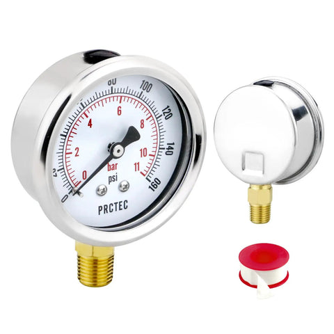 Beefy Dry Pressure Gauge With Two And A Half Inch Dial 0 To 100 Psi NPT Quarter Inch Connection Lower Mount 304 Stainless Steel Case Rust Resistant And Built To Last For Air Water And Hydraulic Systems, shown front and back view