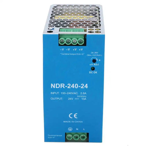 Din Rail Switching Power Supply For PLC Drives And Electric Cabinets, NDR-240-24, 24V Output, 100-240VAC Input, front view