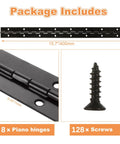 Rock Solid Nailed It Heavy Duty Black Iron Piano Hinges Eight Pack 16 Inch Long Continuous Door Hardware With Matte Finish for Cabinets and Wood Projects, includes 8 black piano hinges and screws.