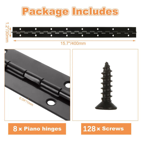 Rock Solid Nailed It Heavy Duty Black Iron Piano Hinges Eight Pack 16 Inch Long Continuous Door Hardware With Matte Finish for Cabinets and Wood Projects, includes 8 black piano hinges and screws.