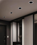 12 Pack Recessed Downlights With 7W Or 12W Choices 3CCT Dimmable 3000K To 6000K Narrow Edge Anti Glare Baffle Trim For Hassle Free Retrofit Ceiling Refresh And Precise Flush Mount Fit in modern corridor