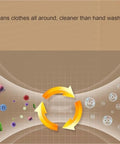 Illustration showing clean cycle of Hassle Free 7L Portable Washer Dryer with germs and clean water labels.
