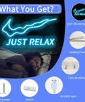 Just Relax LED Neon Light Sign For Wall Decor USB Powered With Switch Bright Neon Lights For Party Vibe Office Yoga Room Bar Game Room And Home Lounge, showing contents and accessories including hanging chain, screws, switch, and USB power.